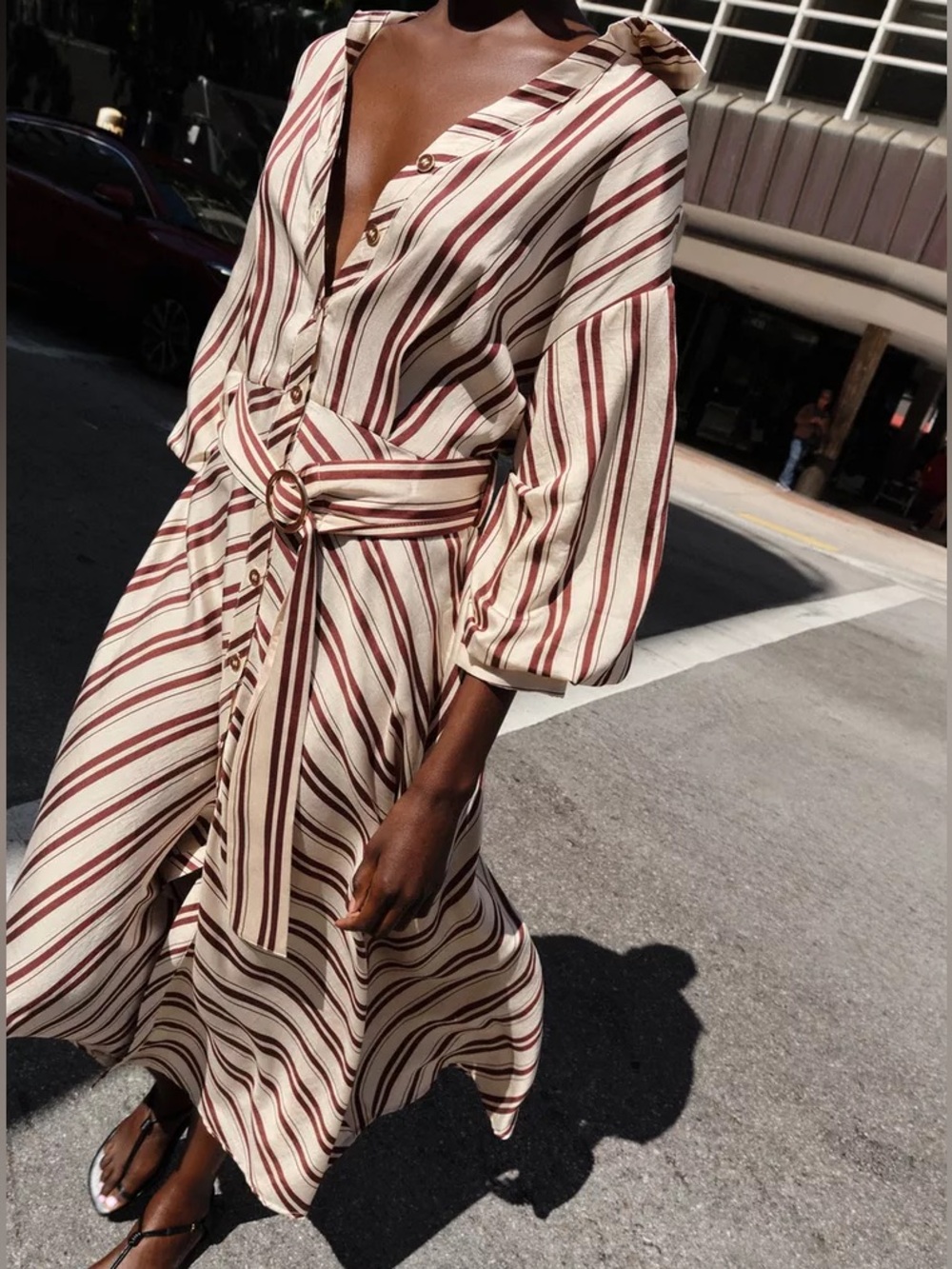 Zara Striped Poplin Dress V-Neck Puff Sleeves Front Button Closure Large Maroon
